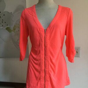 2B BEBE Casual Blouse Top Zip Up Roll 3/4 Sleeve Cutout Slit Back Neon Orange S